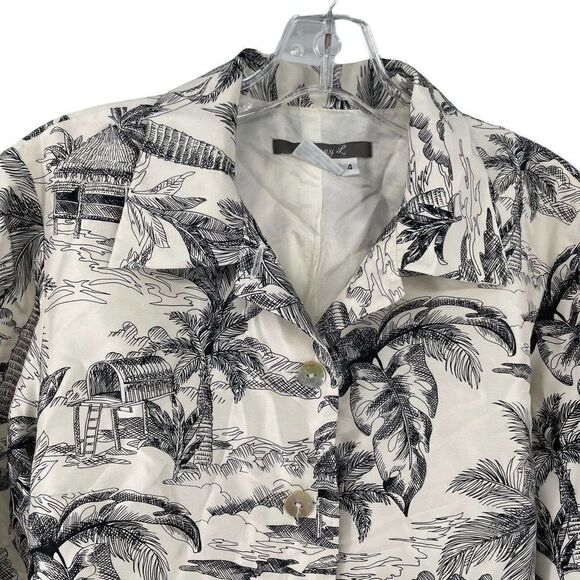 Maggy L Silk Button Front Shell Jacket White Black Tiki Hut Palm Island Size 4 - Picture 3 of 6